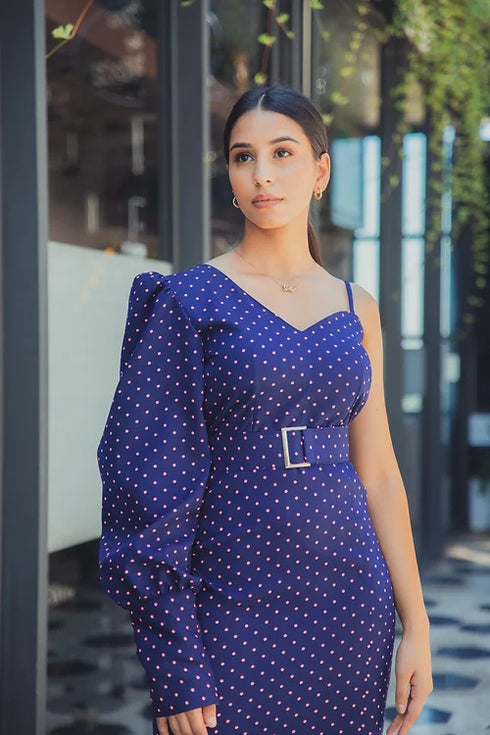 Kim One Sleeve Polka Dots Midi Dress